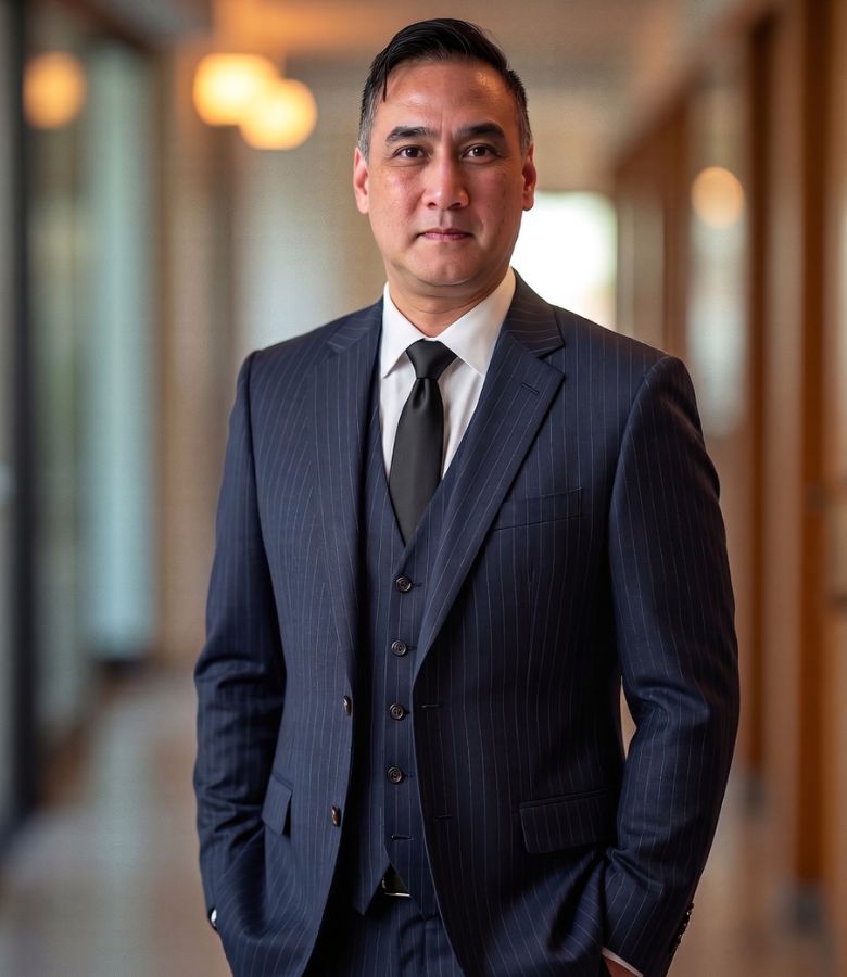 A man in a dark pinstripe suit and black tie stands in a hallway with his hands in his pockets, looking confidently at the camera. The background is softly blurred with warm lights.